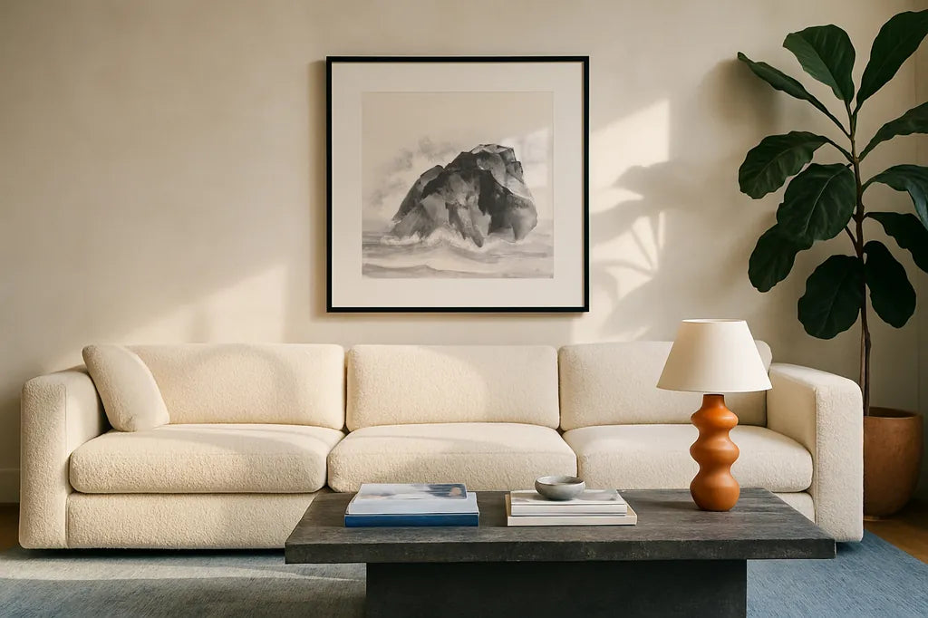 Solitary Rock by Chris Paschke. Displayed in a glass frame with matte in a clean modern living room. Available as an archival giclee rolled canvas, fine art paper, or poster print. SKU 44972a.