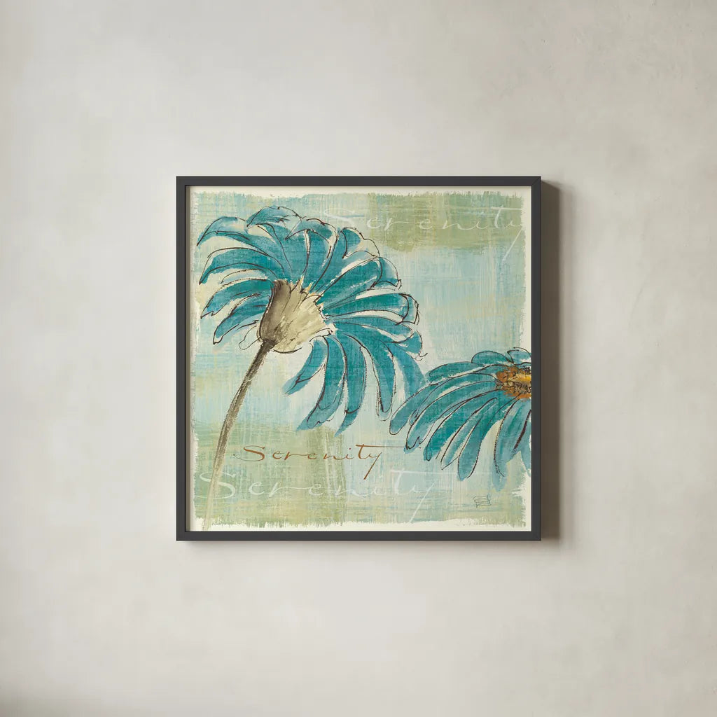 Spa Daisies IV by Chris Paschke. Shown in a sleek black glass frame for a contemporary gallery look. Available as an archival giclee rolled canvas, fine art paper, or poster print. SKU 10898a.