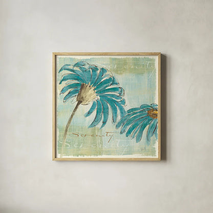 Spa Daisies IV by Chris Paschke. Shown in a natural wood glass frame for a timeless modern aesthetic. Available as an archival giclee rolled canvas, fine art paper, or poster print. SKU 10898a.