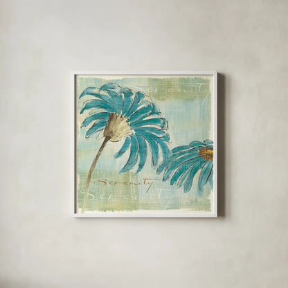 Spa Daisies IV by Chris Paschke. Shown in a crisp white glass frame for a clean and minimalist style. Available as an archival giclee rolled canvas, fine art paper, or poster print. SKU 10898a.