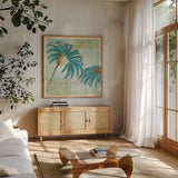 Spa Daisies IV by Chris Paschke. Shown in a natural wood frame in a cozy modern living room. Available as an archival giclee rolled canvas, fine art paper, or poster print. SKU 10898a.