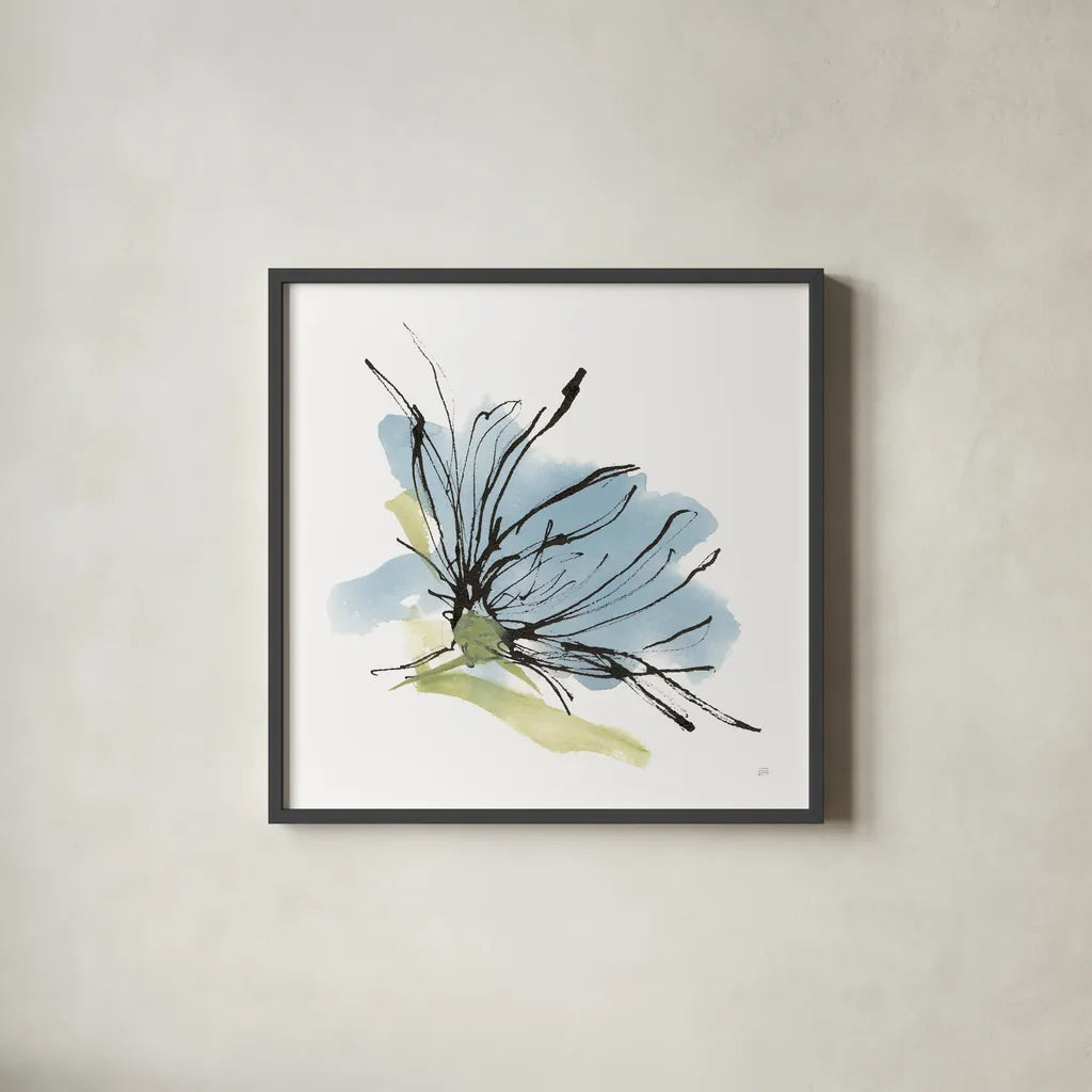 Spider Mum Blue I by Chris Paschke. Shown in a sleek black glass frame for a contemporary gallery look. Available as an archival giclee rolled canvas, fine art paper, or poster print. SKU 88098a.