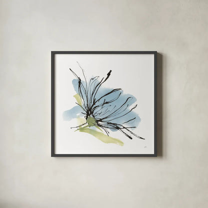 Spider Mum Blue I by Chris Paschke. Shown in a sleek black glass frame for a contemporary gallery look. Available as an archival giclee rolled canvas, fine art paper, or poster print. SKU 88098a.