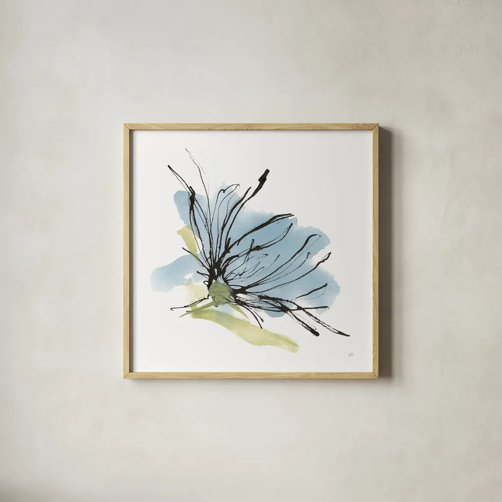 Spider Mum Blue I by Chris Paschke. Shown in a natural wood glass frame for a timeless modern aesthetic. Available as an archival giclee rolled canvas, fine art paper, or poster print. SKU 88098a.