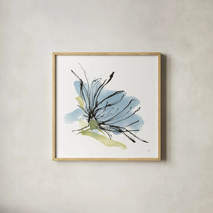 Spider Mum Blue I by Chris Paschke. Shown in a natural wood glass frame for a timeless modern aesthetic. Available as an archival giclee rolled canvas, fine art paper, or poster print. SKU 88098a.