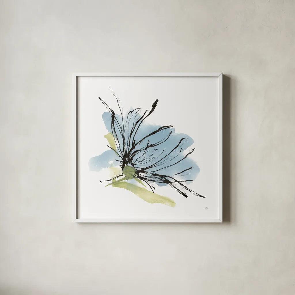 Spider Mum Blue I by Chris Paschke. Shown in a crisp white glass frame for a clean and minimalist style. Available as an archival giclee rolled canvas, fine art paper, or poster print. SKU 88098a.