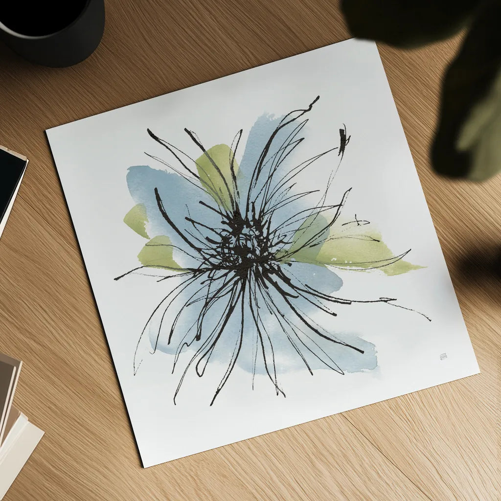 Spider Mum Blue II by Chris Paschke. Shown as a detailed flat fine art print, highlighting archival giclee quality. Available as an archival giclee rolled canvas, fine art paper, or poster print. SKU 88099a.