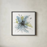 Spider Mum Blue II by Chris Paschke. Shown in a sleek black glass frame for a contemporary gallery look. Available as an archival giclee rolled canvas, fine art paper, or poster print. SKU 88099a.