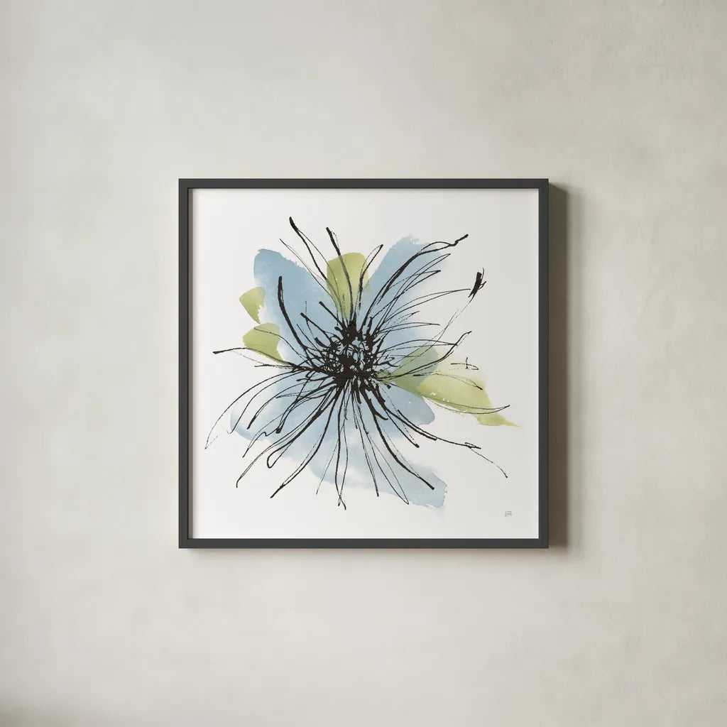 Spider Mum Blue II by Chris Paschke. Shown in a sleek black glass frame for a contemporary gallery look. Available as an archival giclee rolled canvas, fine art paper, or poster print. SKU 88099a.
