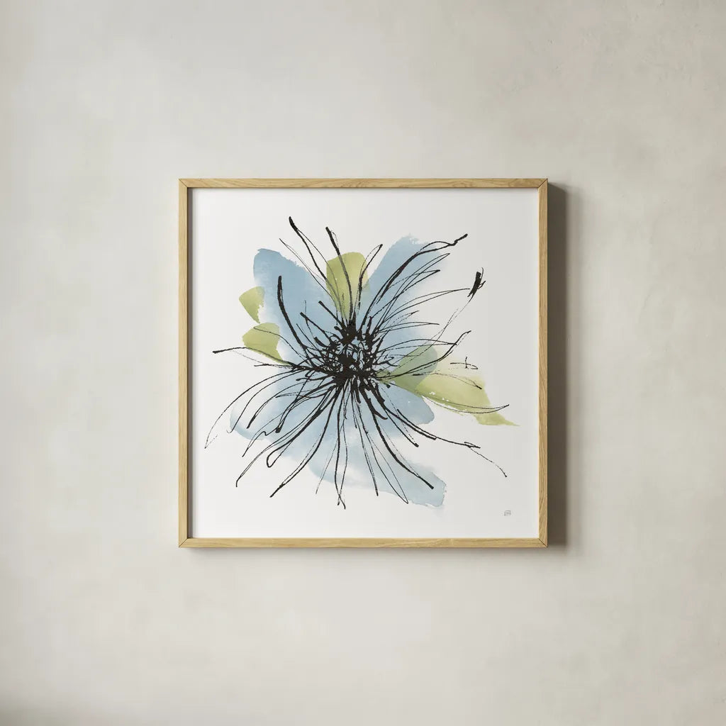 Spider Mum Blue II by Chris Paschke. Shown in a natural wood glass frame for a timeless modern aesthetic. Available as an archival giclee rolled canvas, fine art paper, or poster print. SKU 88099a.
