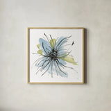 Spider Mum Blue II by Chris Paschke. Shown in a natural wood glass frame for a timeless modern aesthetic. Available as an archival giclee rolled canvas, fine art paper, or poster print. SKU 88099a.