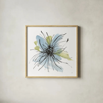 Spider Mum Blue II by Chris Paschke. Shown in a natural wood glass frame for a timeless modern aesthetic. Available as an archival giclee rolled canvas, fine art paper, or poster print. SKU 88099a.