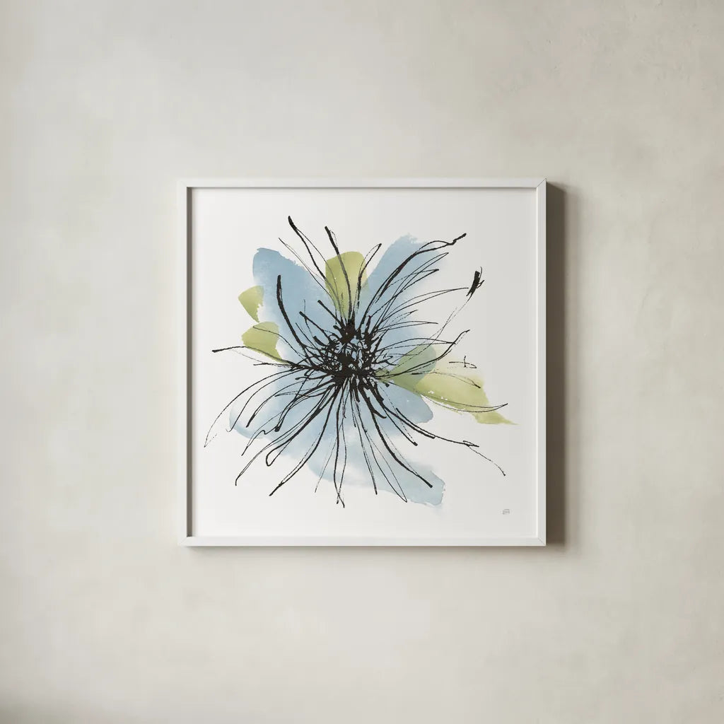 Spider Mum Blue II by Chris Paschke. Shown in a crisp white glass frame for a clean and minimalist style. Available as an archival giclee rolled canvas, fine art paper, or poster print. SKU 88099a.