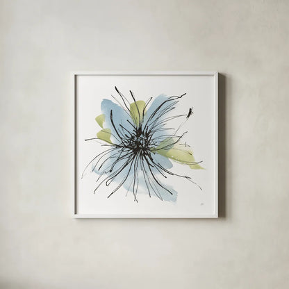 Spider Mum Blue II by Chris Paschke. Shown in a crisp white glass frame for a clean and minimalist style. Available as an archival giclee rolled canvas, fine art paper, or poster print. SKU 88099a.
