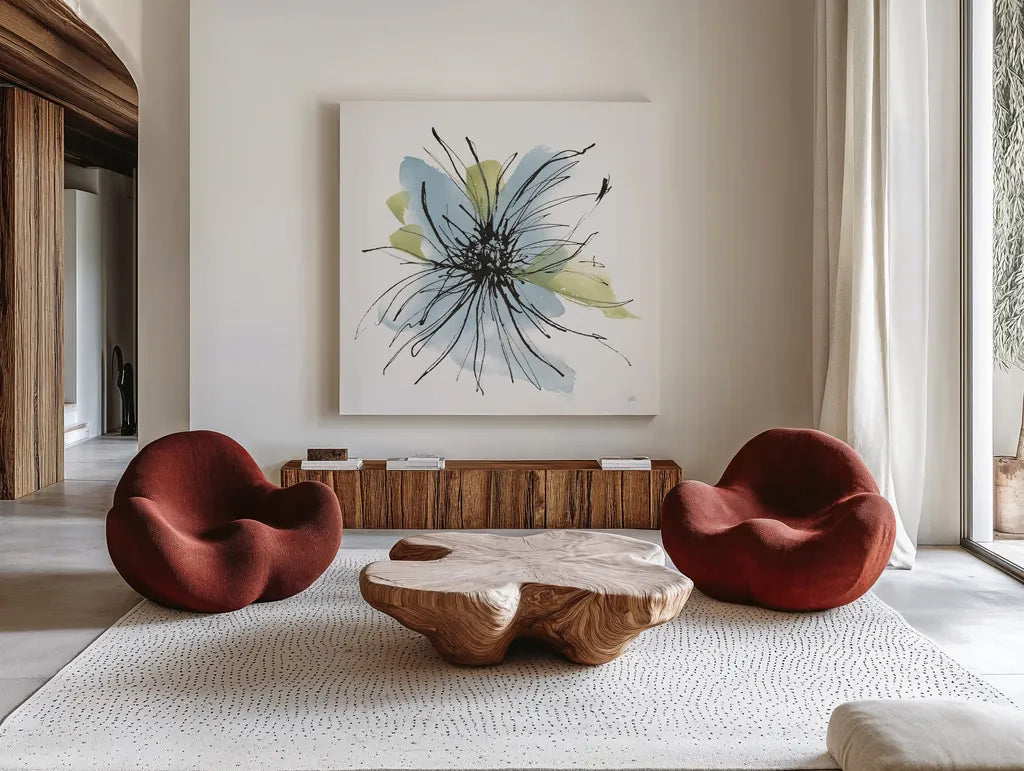 Spider Mum Blue II by Chris Paschke. Shown as extra-large giant wall art in a modern living room. Available as an archival giclee rolled canvas, fine art paper, or poster print. SKU 88099a.