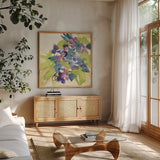 Spring Bouquet I by Chris Paschke. Shown in a natural wood frame in a cozy modern living room. Available as an archival giclee rolled canvas, fine art paper, or poster print. SKU 45468a.