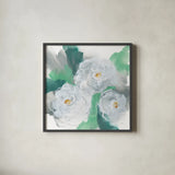 Springtime Peonies I by Chris Paschke. Shown in a sleek black glass frame for a contemporary gallery look. Available as an archival giclee rolled canvas, fine art paper, or poster print. SKU 80765a.