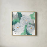 Springtime Peonies I by Chris Paschke. Shown in a natural wood glass frame for a timeless modern aesthetic. Available as an archival giclee rolled canvas, fine art paper, or poster print. SKU 80765a.
