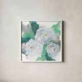 Springtime Peonies I by Chris Paschke. Shown in a crisp white glass frame for a clean and minimalist style. Available as an archival giclee rolled canvas, fine art paper, or poster print. SKU 80765a.