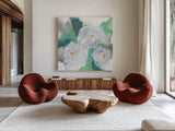 Springtime Peonies I by Chris Paschke. Shown as extra-large giant wall art in a modern living room. Available as an archival giclee rolled canvas, fine art paper, or poster print. SKU 80765a.