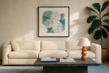 Springtime Peonies II by Chris Paschke. Displayed in a glass frame with matte in a clean modern living room. Available as an archival giclee rolled canvas, fine art paper, or poster print. SKU 80766a.