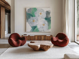 Springtime Peonies II by Chris Paschke. Shown as extra-large giant wall art in a modern living room. Available as an archival giclee rolled canvas, fine art paper, or poster print. SKU 80766a.
