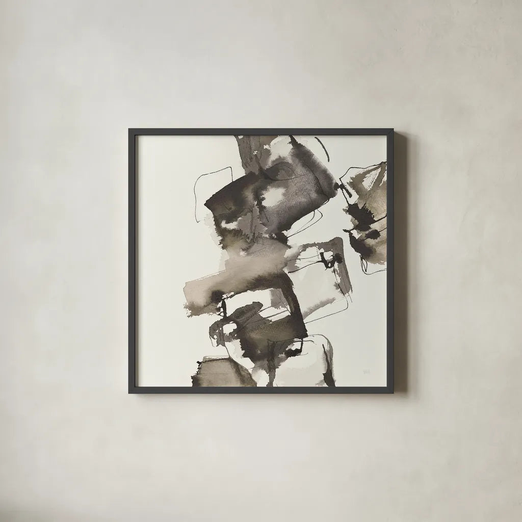 Stacked I Greige by Chris Paschke. Shown in a sleek black glass frame for a contemporary gallery look. Available as an archival giclee rolled canvas, fine art paper, or poster print. SKU 33644a.