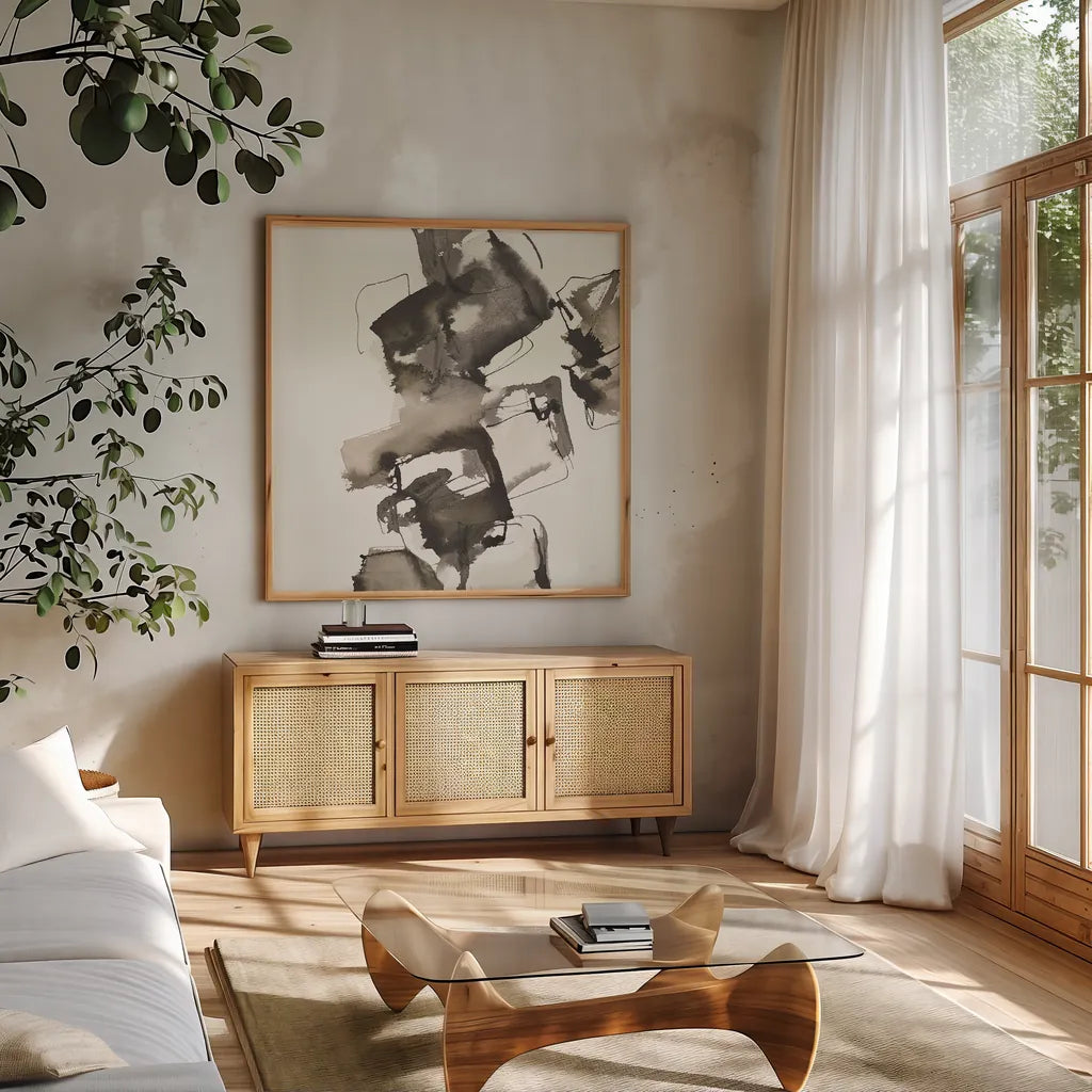 Stacked I Greige by Chris Paschke. Shown in a natural wood frame in a cozy modern living room. Available as an archival giclee rolled canvas, fine art paper, or poster print. SKU 33644a.