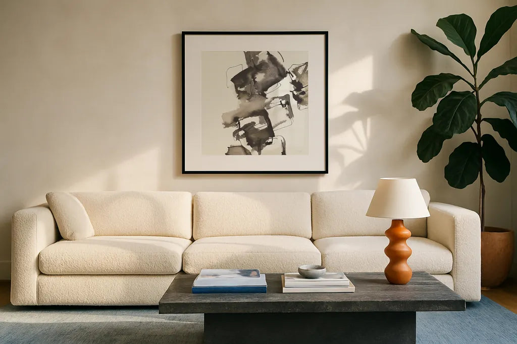 Stacked I Greige by Chris Paschke. Displayed in a glass frame with matte in a clean modern living room. Available as an archival giclee rolled canvas, fine art paper, or poster print. SKU 33644a.