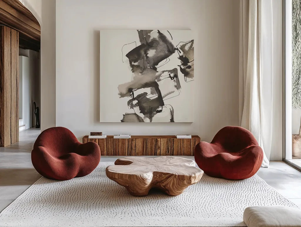 Stacked I Greige by Chris Paschke. Shown as extra-large giant wall art in a modern living room. Available as an archival giclee rolled canvas, fine art paper, or poster print. SKU 33644a.