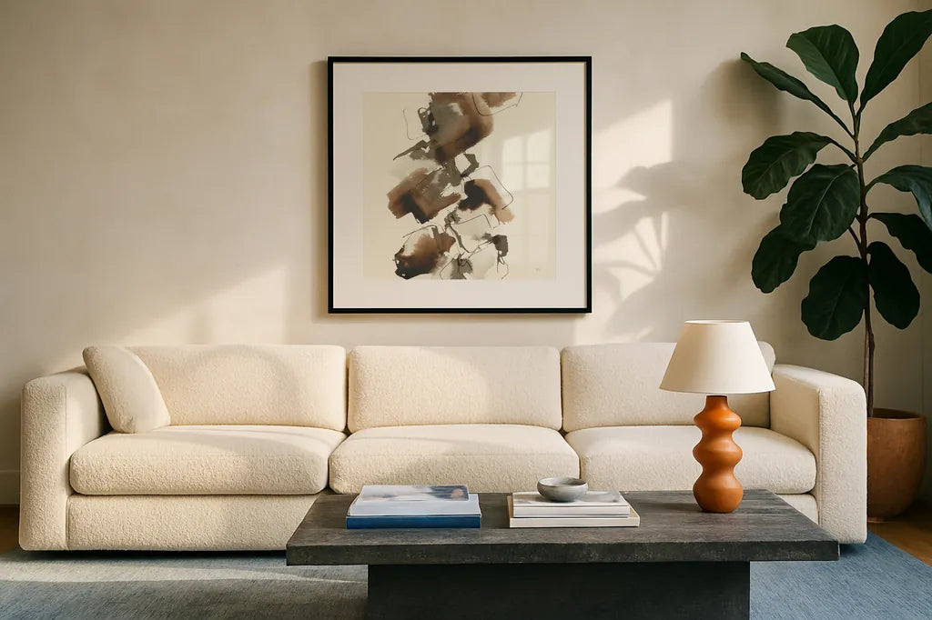 Stacked II by Chris Paschke. Displayed in a glass frame with matte in a clean modern living room. Available as an archival giclee rolled canvas, fine art paper, or poster print. SKU 31752a.