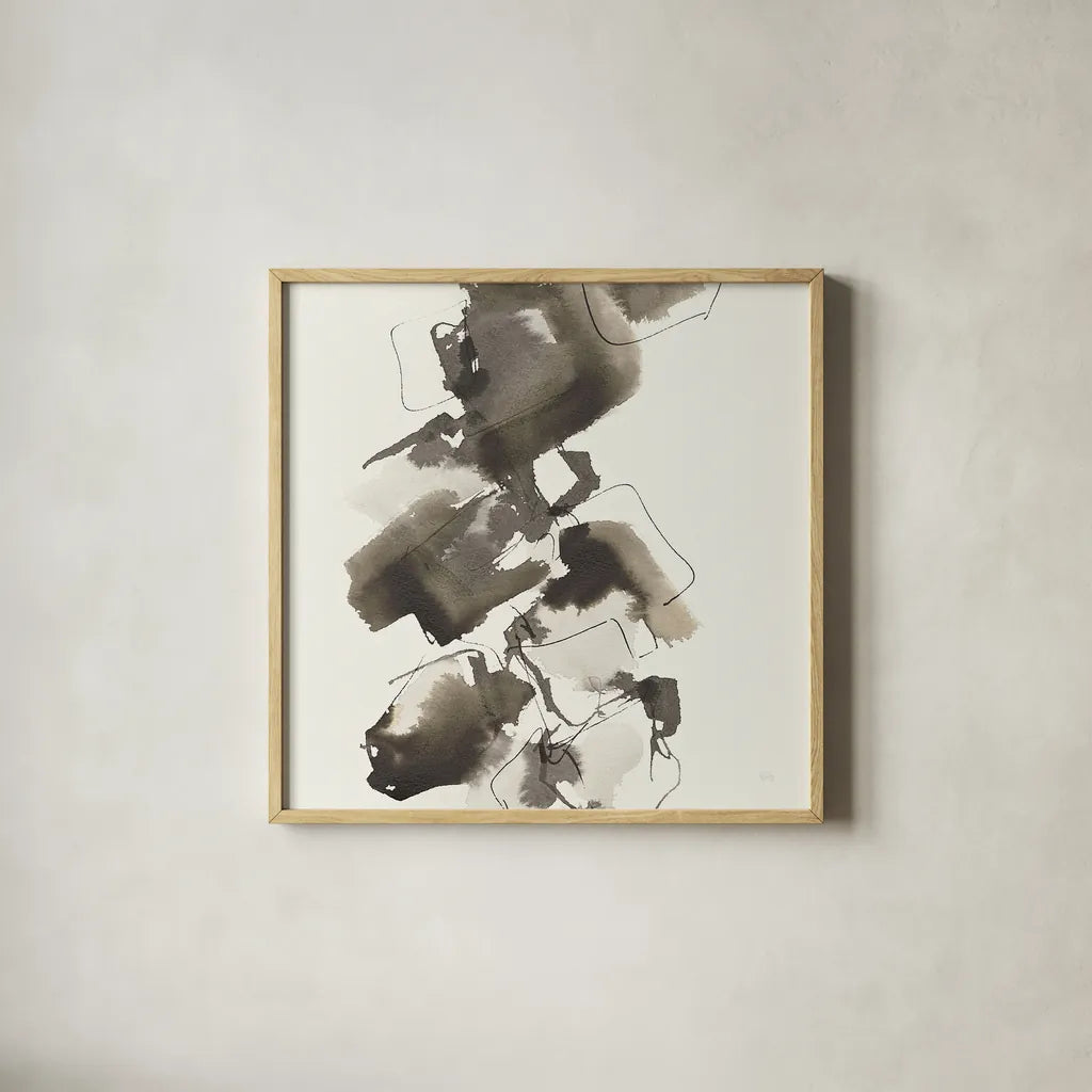 Stacked II Greige by Chris Paschke. Shown in a natural wood glass frame for a timeless modern aesthetic. Available as an archival giclee rolled canvas, fine art paper, or poster print. SKU 33645a.