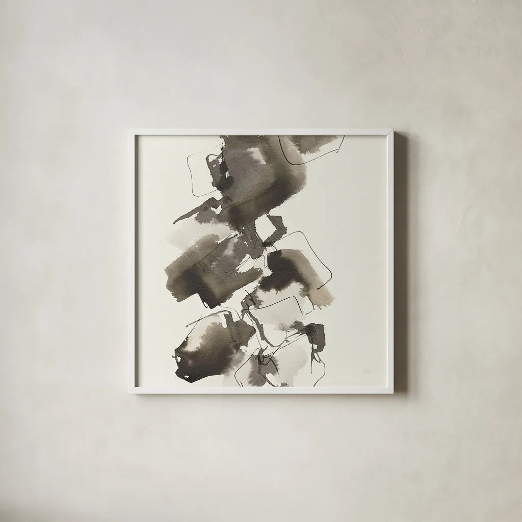 Stacked II Greige by Chris Paschke. Shown in a crisp white glass frame for a clean and minimalist style. Available as an archival giclee rolled canvas, fine art paper, or poster print. SKU 33645a.