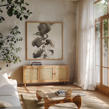 Stacked II Greige by Chris Paschke. Shown in a natural wood frame in a cozy modern living room. Available as an archival giclee rolled canvas, fine art paper, or poster print. SKU 33645a.