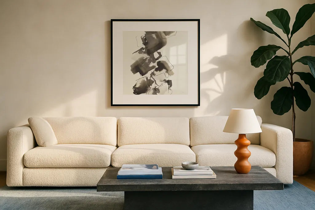 Stacked II Greige by Chris Paschke. Displayed in a glass frame with matte in a clean modern living room. Available as an archival giclee rolled canvas, fine art paper, or poster print. SKU 33645a.