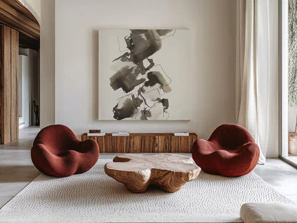 Stacked II Greige by Chris Paschke. Shown as extra-large giant wall art in a modern living room. Available as an archival giclee rolled canvas, fine art paper, or poster print. SKU 33645a.