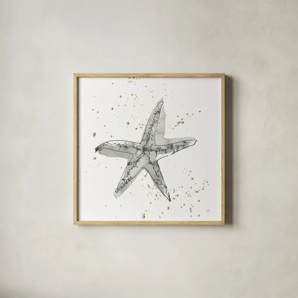 Starfish I by Chris Paschke. Shown in a natural wood glass frame for a timeless modern aesthetic. Available as an archival giclee rolled canvas, fine art paper, or poster print. SKU 66538a.