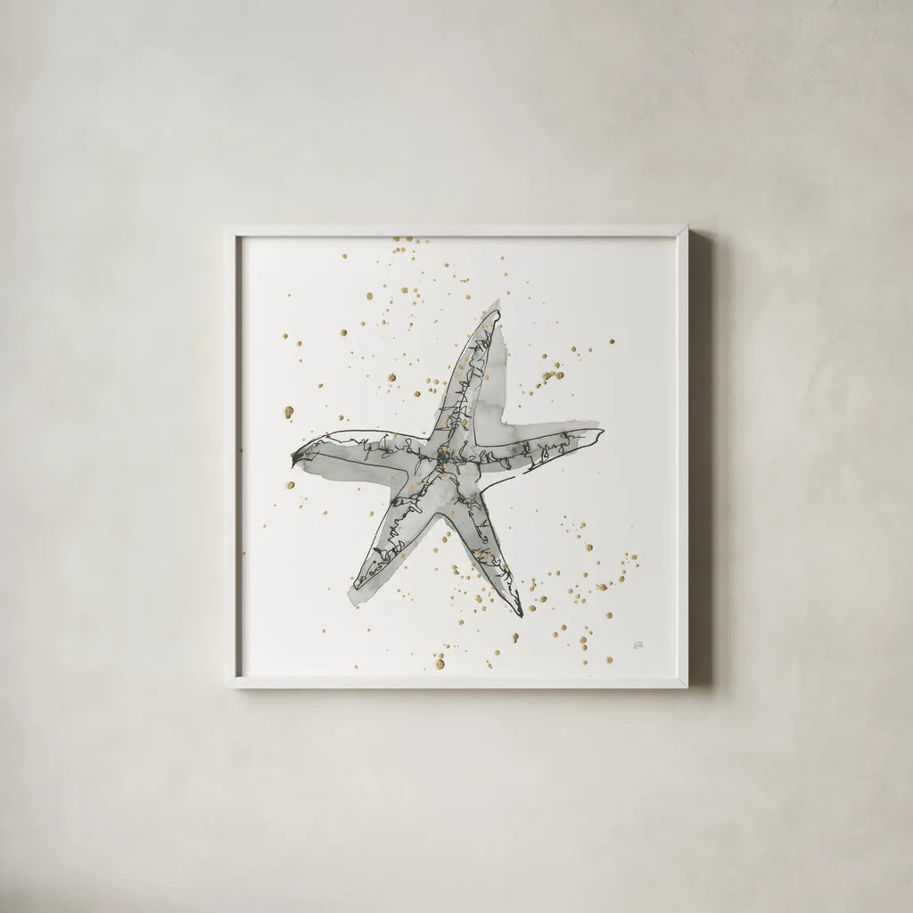 Starfish I by Chris Paschke. Shown in a crisp white glass frame for a clean and minimalist style. Available as an archival giclee rolled canvas, fine art paper, or poster print. SKU 66538a.