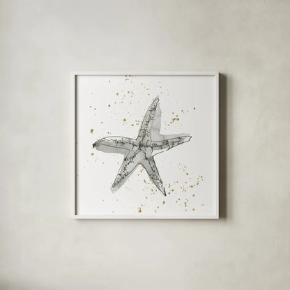 Starfish I by Chris Paschke. Shown in a crisp white glass frame for a clean and minimalist style. Available as an archival giclee rolled canvas, fine art paper, or poster print. SKU 66538a.