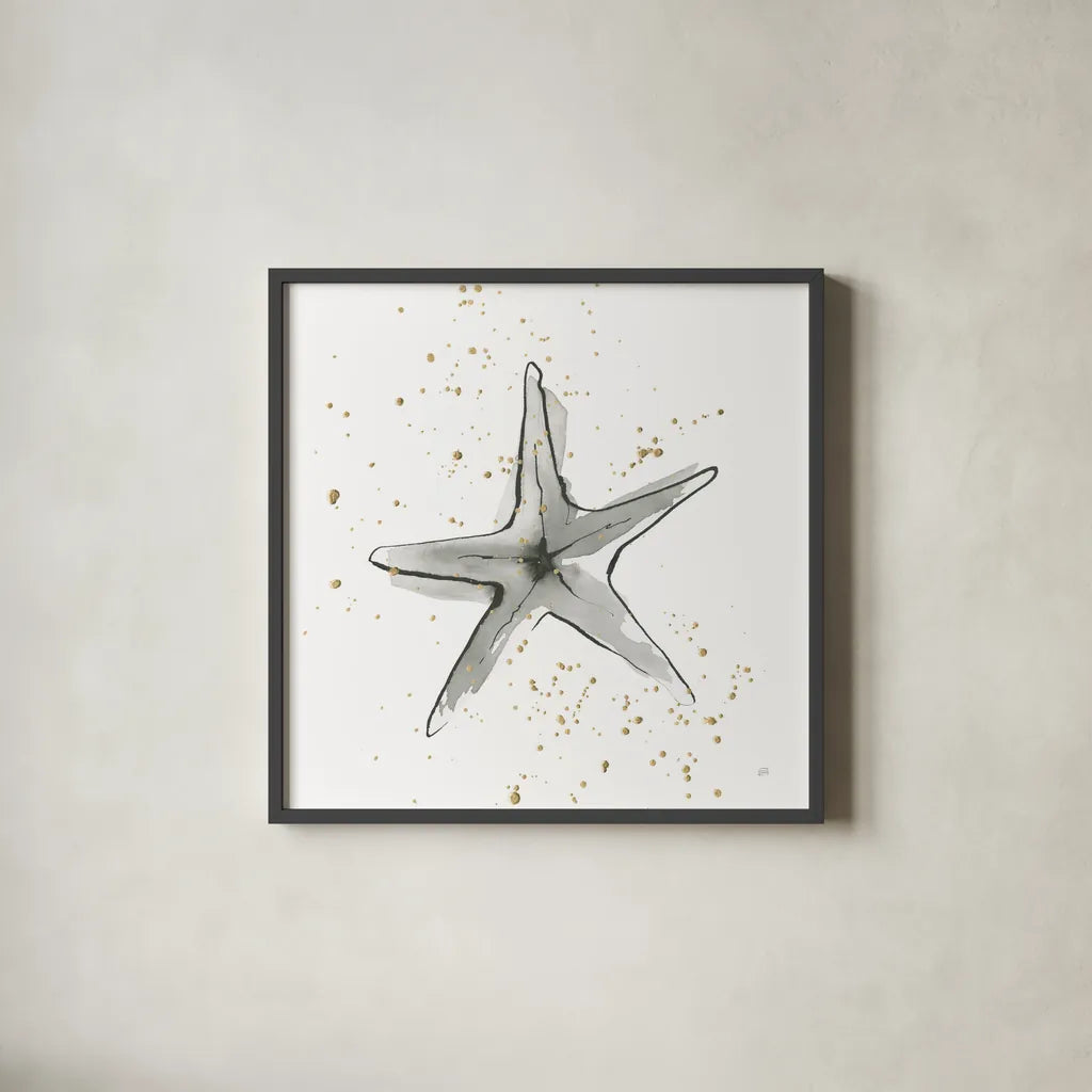 Starfish II by Chris Paschke. Shown in a sleek black glass frame for a contemporary gallery look. Available as an archival giclee rolled canvas, fine art paper, or poster print. SKU 66539a.