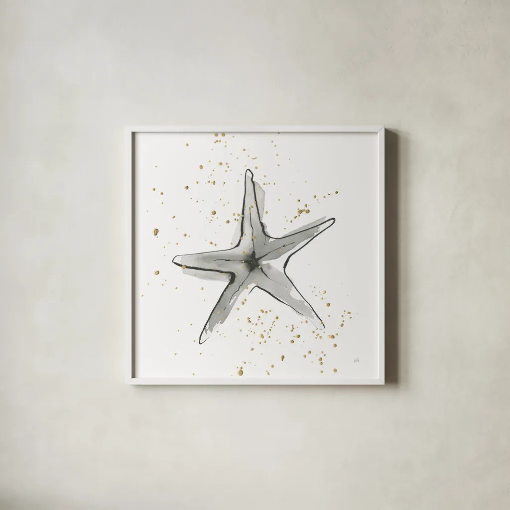Starfish II by Chris Paschke. Shown in a crisp white glass frame for a clean and minimalist style. Available as an archival giclee rolled canvas, fine art paper, or poster print. SKU 66539a.