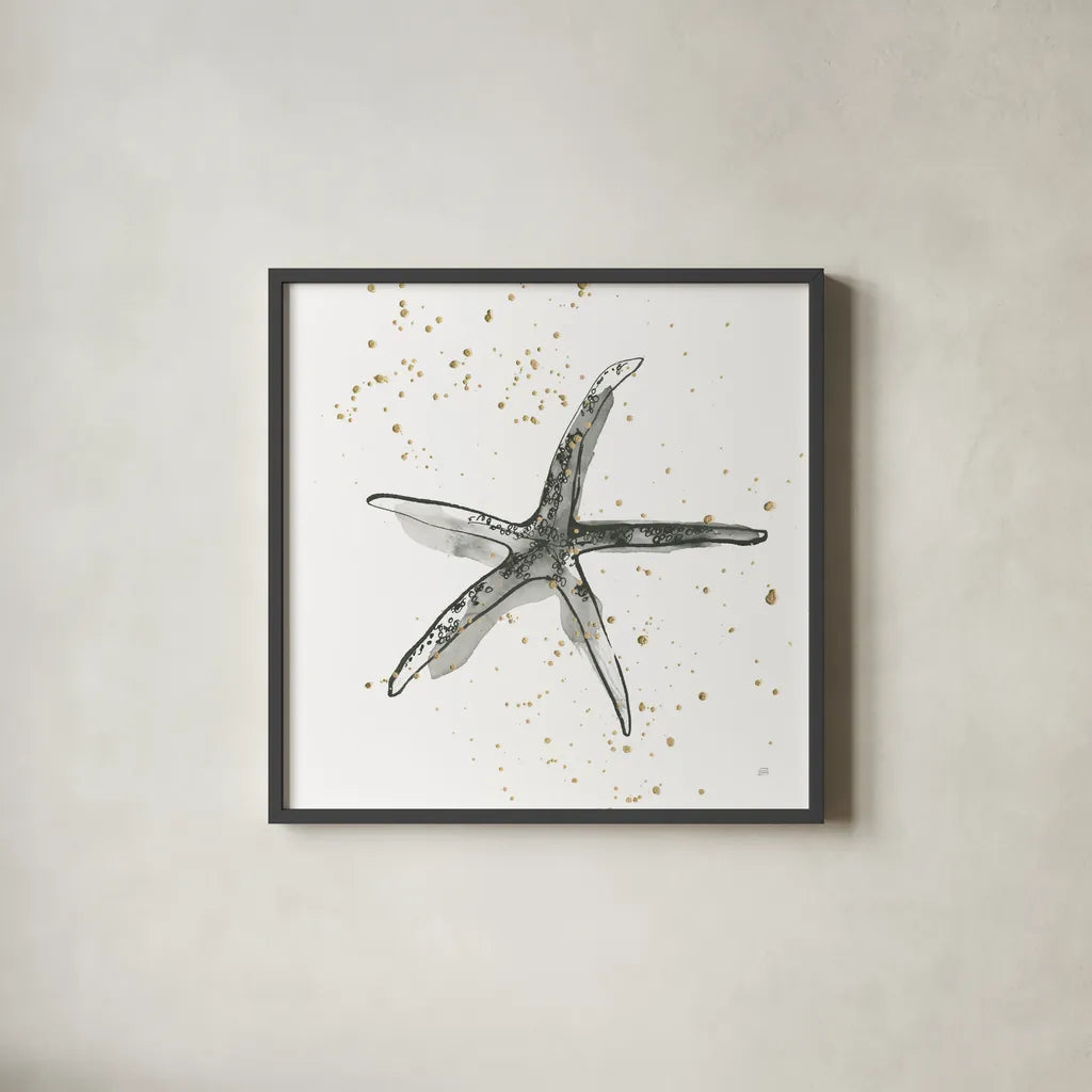 Starfish III by Chris Paschke. Shown in a sleek black glass frame for a contemporary gallery look. Available as an archival giclee rolled canvas, fine art paper, or poster print. SKU 66540a.
