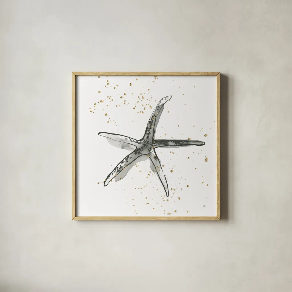 Starfish III by Chris Paschke. Shown in a natural wood glass frame for a timeless modern aesthetic. Available as an archival giclee rolled canvas, fine art paper, or poster print. SKU 66540a.