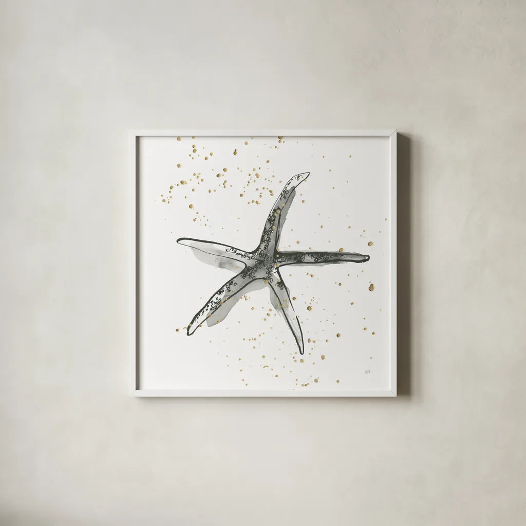 Starfish III by Chris Paschke. Shown in a crisp white glass frame for a clean and minimalist style. Available as an archival giclee rolled canvas, fine art paper, or poster print. SKU 66540a.