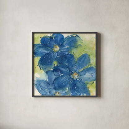 Starlight Clematis I by Chris Paschke. Shown in a sleek black glass frame for a contemporary gallery look. Available as an archival giclee rolled canvas, fine art paper, or poster print. SKU 50155a.