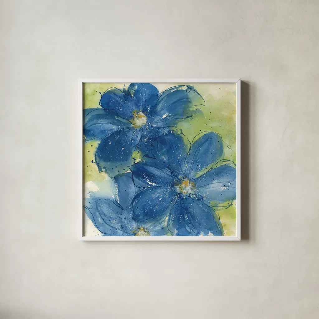 Starlight Clematis I by Chris Paschke. Shown in a crisp white glass frame for a clean and minimalist style. Available as an archival giclee rolled canvas, fine art paper, or poster print. SKU 50155a.