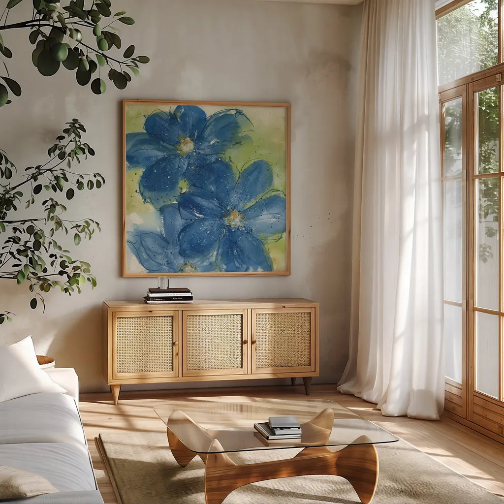 Starlight Clematis I by Chris Paschke. Shown in a natural wood frame in a cozy modern living room. Available as an archival giclee rolled canvas, fine art paper, or poster print. SKU 50155a.