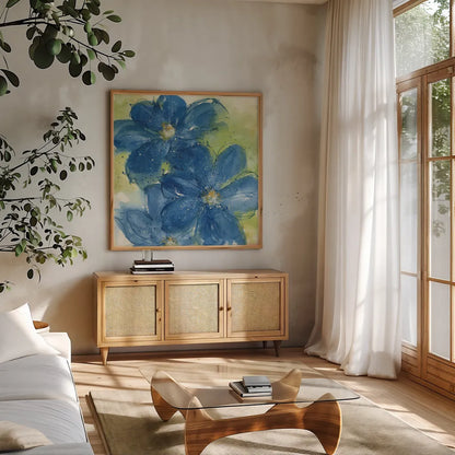 Starlight Clematis I by Chris Paschke. Shown in a natural wood frame in a cozy modern living room. Available as an archival giclee rolled canvas, fine art paper, or poster print. SKU 50155a.