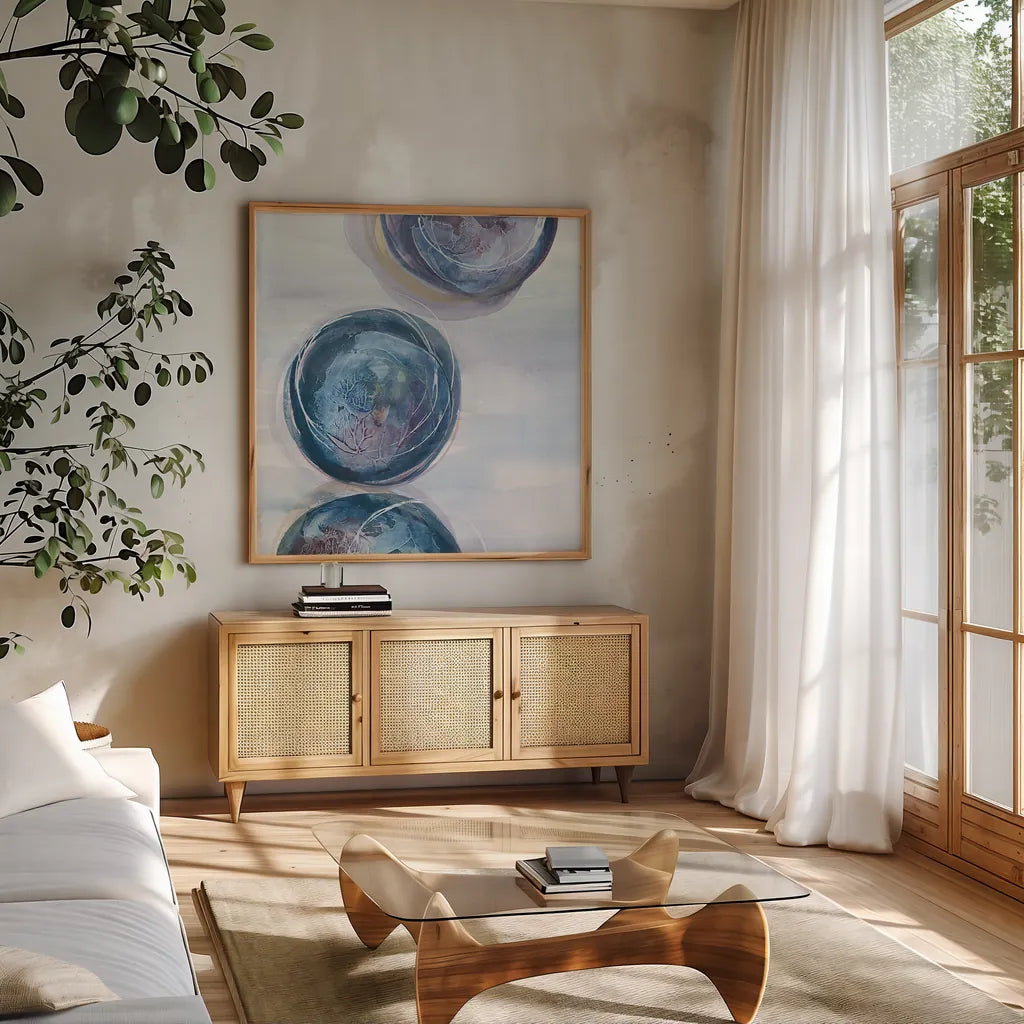 Starting Over II by Chris Paschke. Shown in a natural wood frame in a cozy modern living room. Available as an archival giclee rolled canvas, fine art paper, or poster print. SKU 39577a.