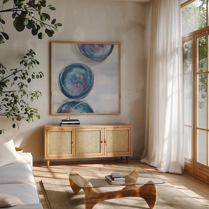 Starting Over II by Chris Paschke. Shown in a natural wood frame in a cozy modern living room. Available as an archival giclee rolled canvas, fine art paper, or poster print. SKU 39577a.